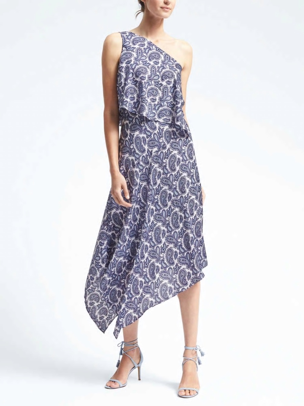 Banana Republic One-Shoulder Paisley Midi Dress in Navy and White